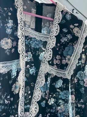 Gunne Sax Floral Lace-Trim Maxi Dress in Black and Blue